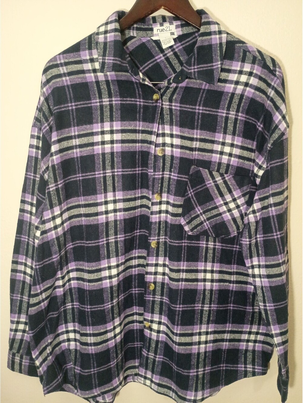 rue21 Women's Large Purple and Black Plaid Flannel Shirt